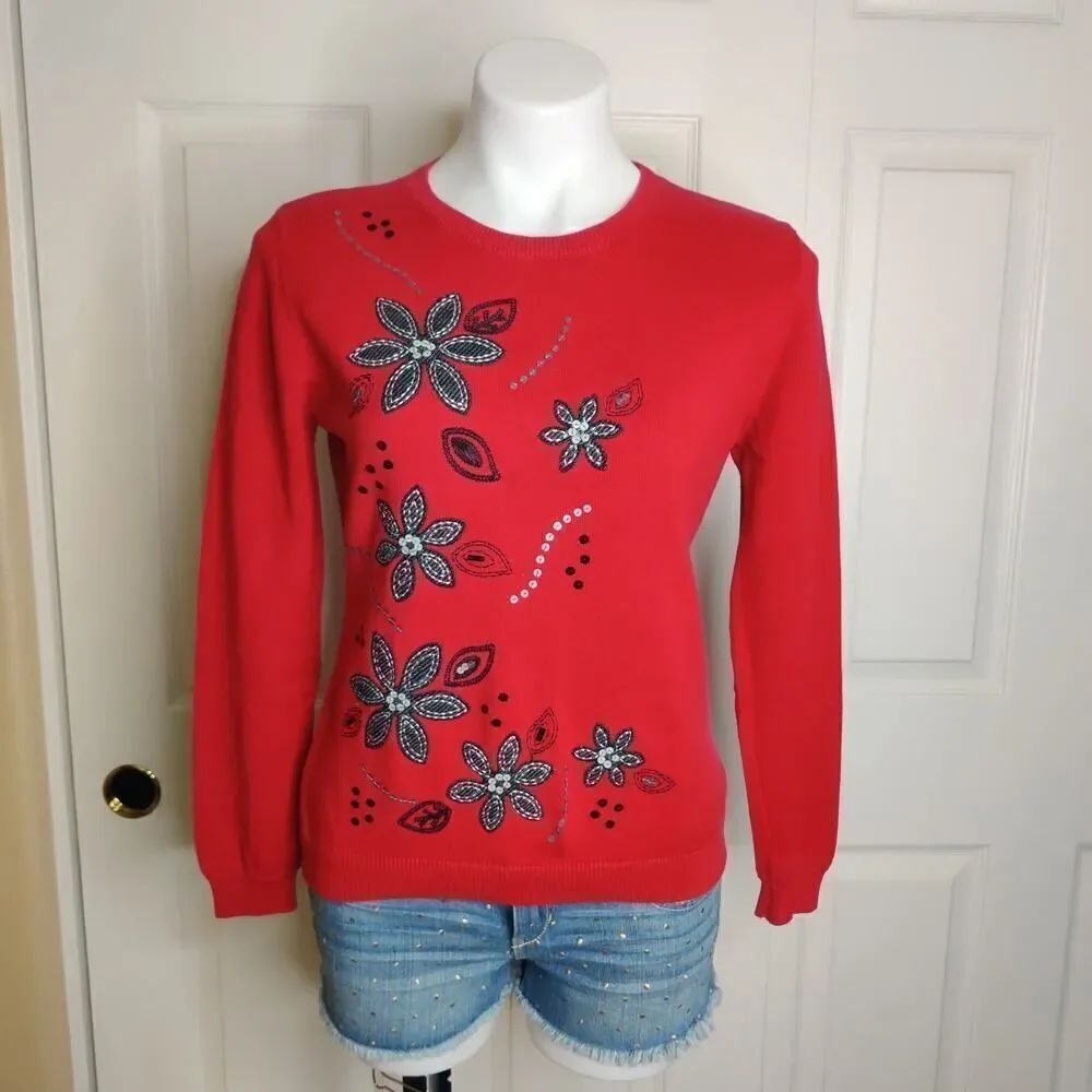 Alfred Dunner floral embroidered sequins crew neck sweater sz PL
